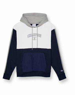Men's Champion Classic Fleece Piecing Arch Script over C Hoodie Navy / Grey / White | ULZSR6982