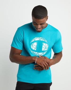 Men's Champion Classic Graphic C Logo Globe T Shirts Blue | IJHKR7164