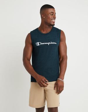 Men's Champion Classic Graphic Powerblend Waves Script Logo T Shirts Black / Blue | EQUTI3598