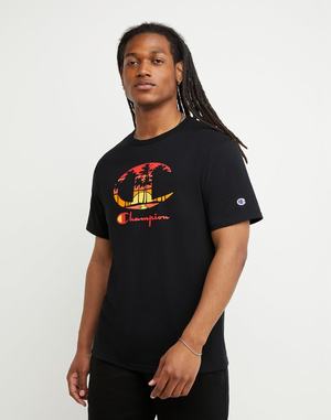 Men's Champion Heritage Striped Palm Logo T Shirts Black | XZOMU3614