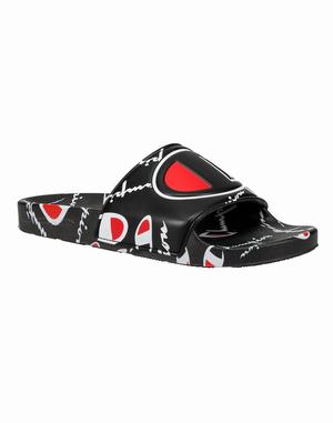 Men's Champion IPO Warped Logos Slides Black | VAWMB7951