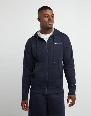 Men's Champion POWERBLEND FLEECE FULL ZIP SCRIPT LOGO Hoodie Blue | TVLBQ5127