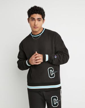Men's Champion Premium Reverse Weave Chenille C Applique Script Hoodie Black | EKONZ3246