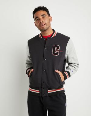 Men's Champion Reverse Weave Letterman's Chenille C Applique EmbroideScript Jackets Black / Grey | HDUMA5169