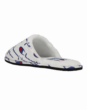 Men's Champion SleepoverAll Over Logo Slippers White | EXVDN6892
