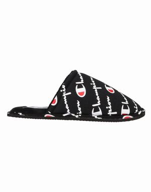 Men's Champion Sleepover All Over Logo Slippers Black | JWRIT7598