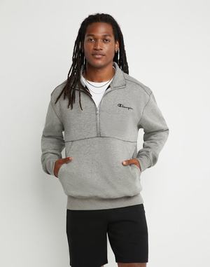 Men's Champion Tech Weave Half-Zip Script Hoodie Grey | VXIUO5230