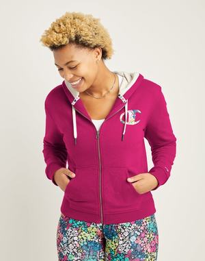 Women's Champion Campus French Terry Zip Floral C Logo Jackets Black | PWOUL1759
