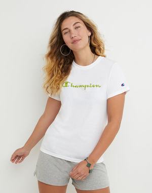 Women's Champion Classic Tropical Script T Shirts White | DJYBZ6139