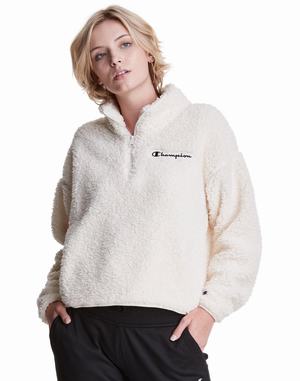 Women's Champion Cozy High Pile Quarter Zip EmbroideLogo Hoodie Beige | GTJKN9472