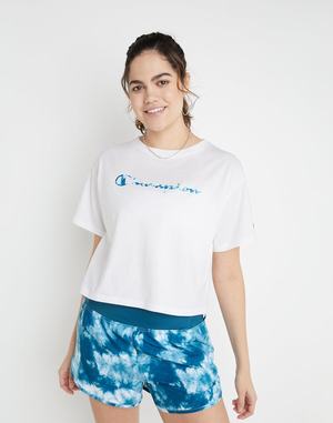 Women's Champion Cropped Crush-Dye Script Logo T Shirts White / Turquoise | RYJTG1673