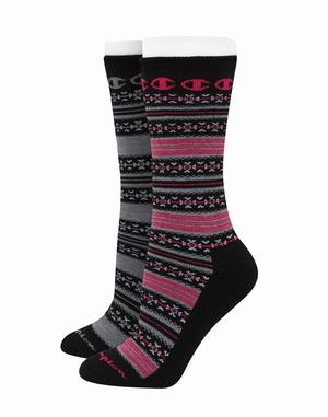 Women's Champion Outdoor Heavyweight Fair Isle Wool 2-Pairs Socks Black / Grey | EOVZD5307