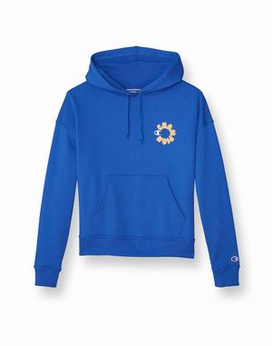 Women's Champion Powerblend Fleece Bubble Circle Logo Hoodie Deep Blue | YTNOZ6158