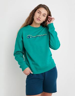 Women's Champion Powerblend Fleece Relaxed Shadow Script Hoodie Green | COMGA0389