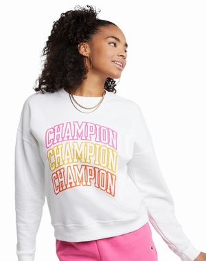 Women's Champion Powerblend Fleece Relaxed Knockout Arch Repeat Logo Hoodie White | MPXZR9036