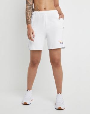 Women's Champion Powerblend Fleece Stacked Scripts Logo 6.5" Shorts White | OMNJF3421