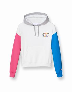 Women's Champion Relaxed Powerblend-Stripe C Logo Hoodie White / Grey | QYIFW7083