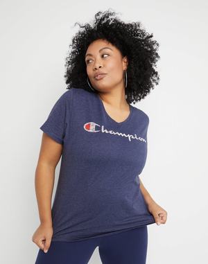 Women's Champion V-Neck Script Logo Tops Black | XKOZG2736